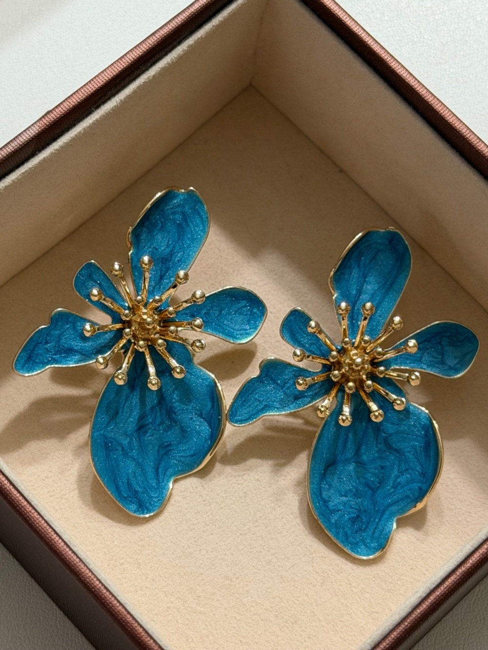 Vintage Golden Blue Enamel Asymmetrical Exaggerated Flower Statement Earrings.
